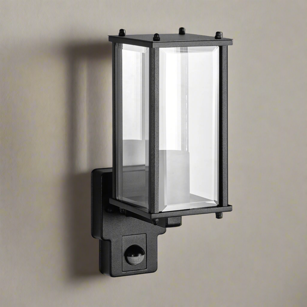 CGC MARIN Black Outdoor Wall Lantern Clear Bevelled Glass Diffuser WITH PIR Motion Sensor IP44