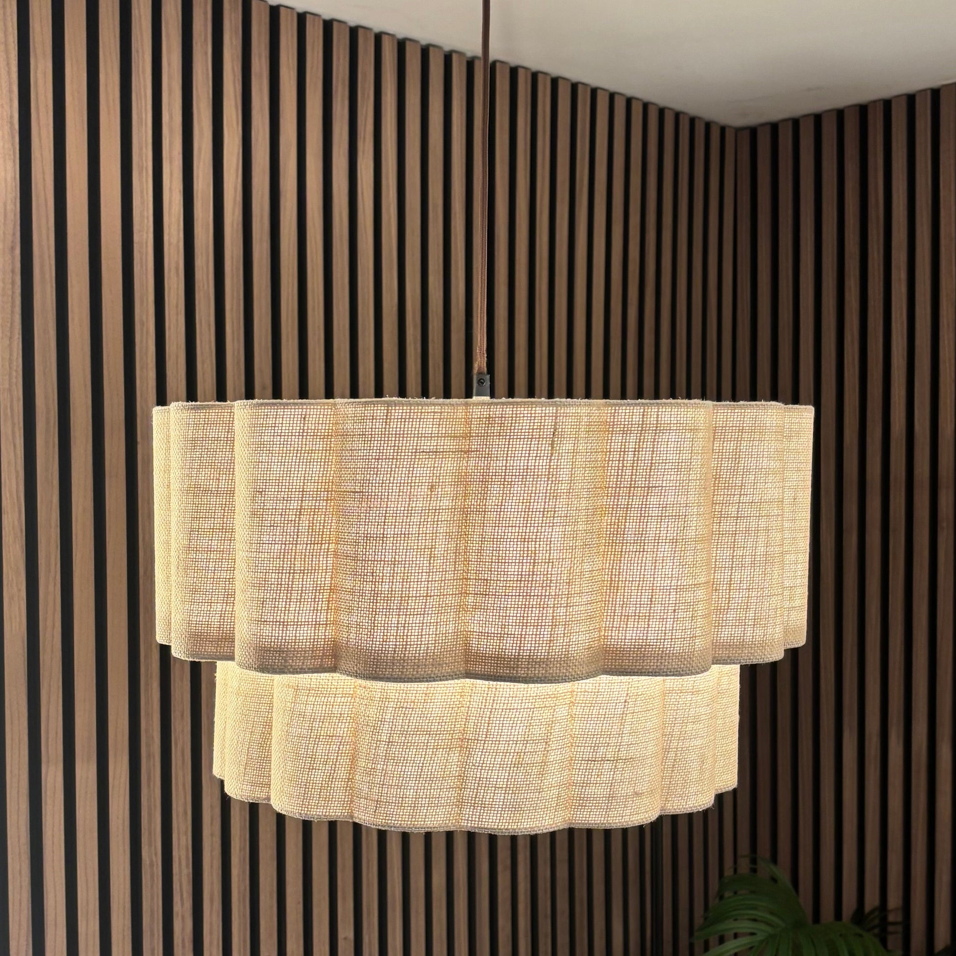 Modern pendant light fixture hanging against a striped wall with plants in the background