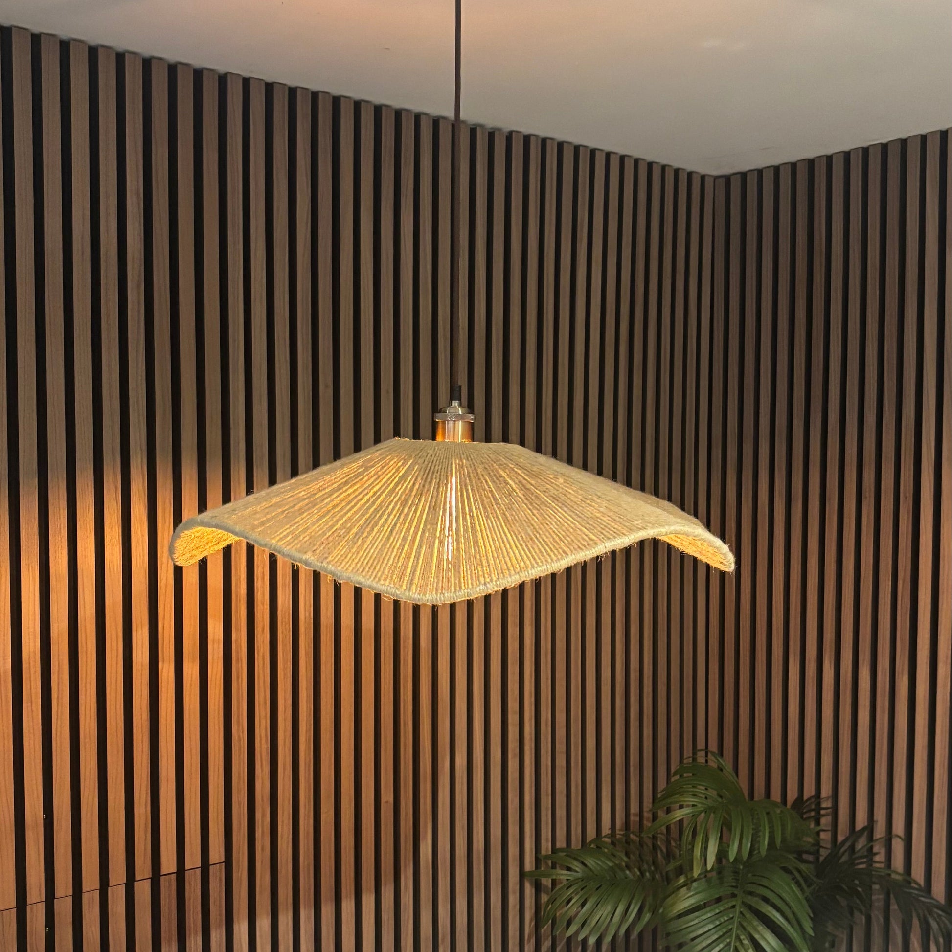 Decorative pendant light hanging against a slatted wooden wall with a plant in the corner.