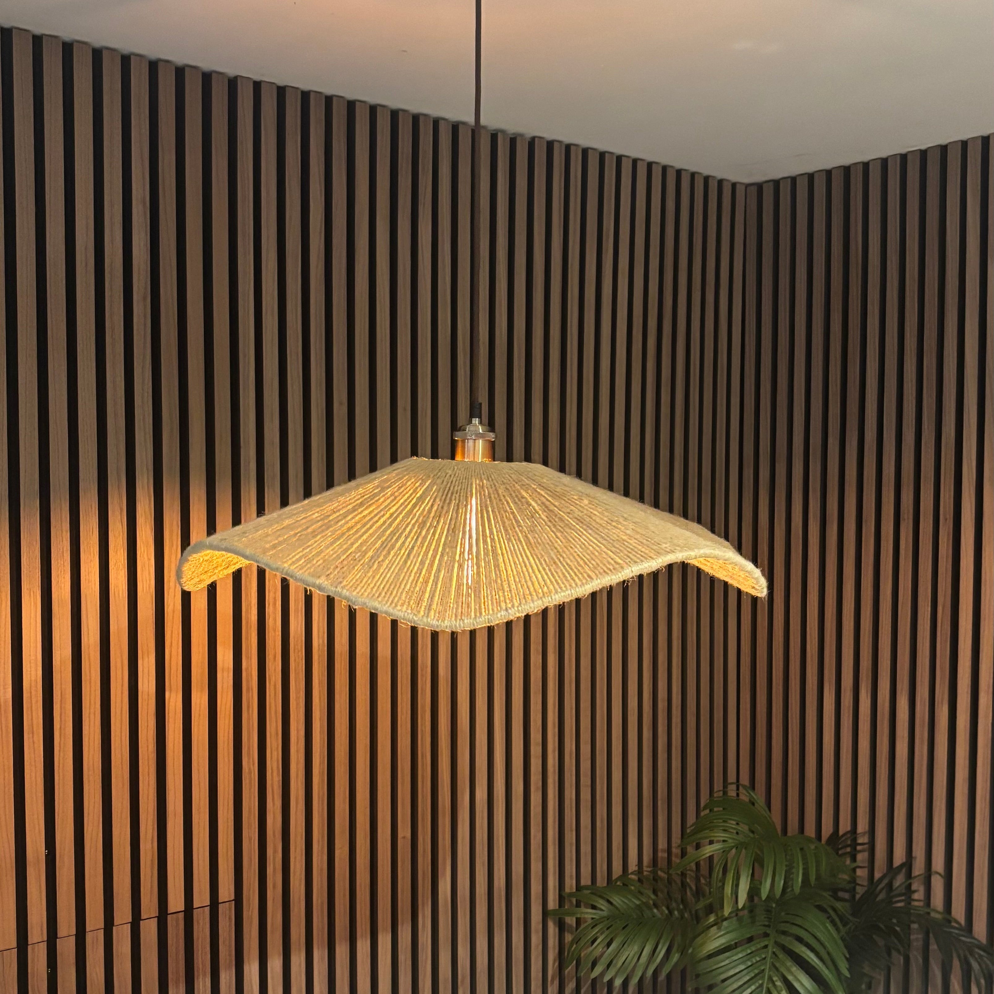 Decorative pendant light hanging against a slatted wooden wall with a plant in the corner.