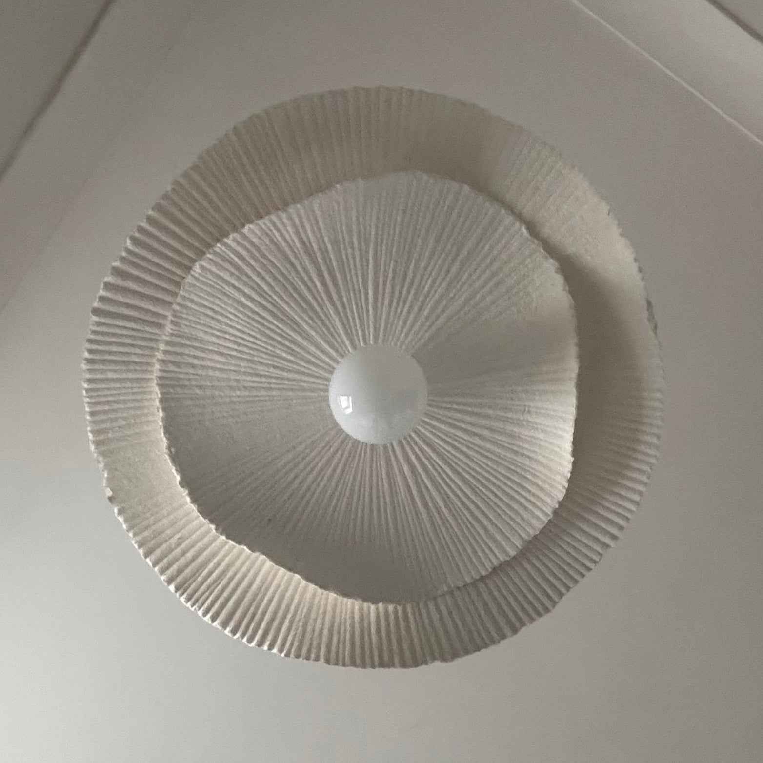 Ceiling light fixture with decorative white shade on a plain ceiling