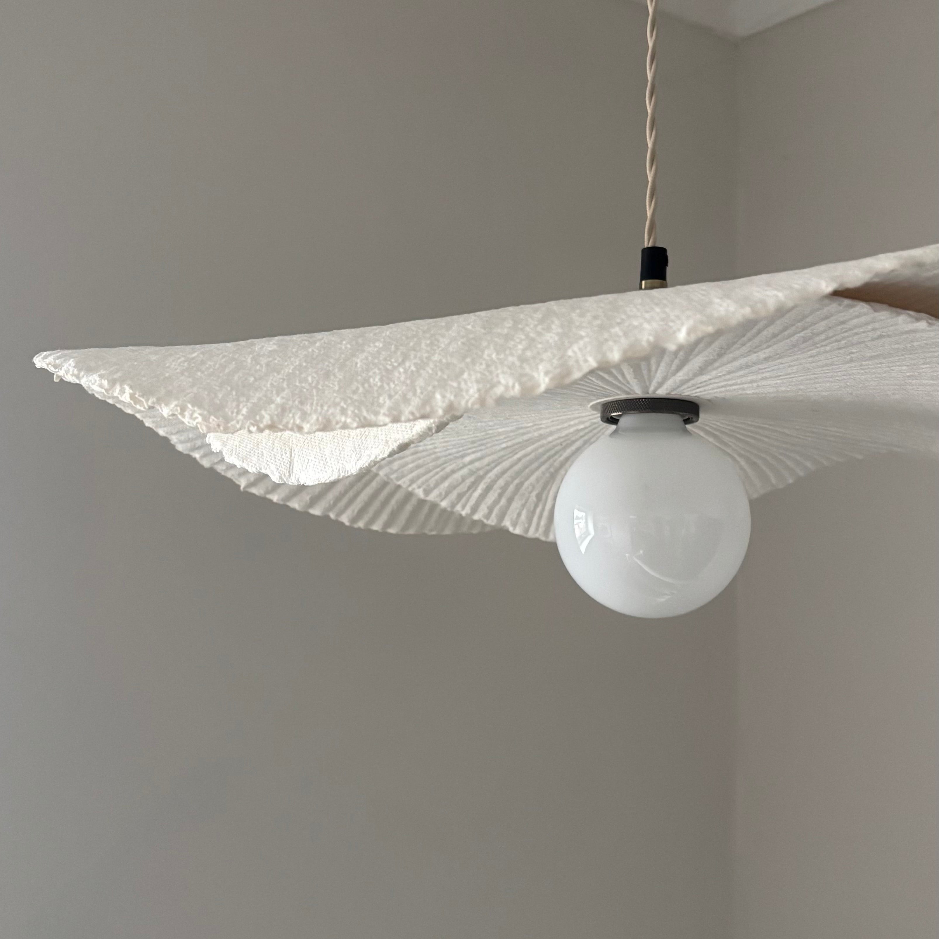 Modern pendant light with a textured shade on a neutral wall.