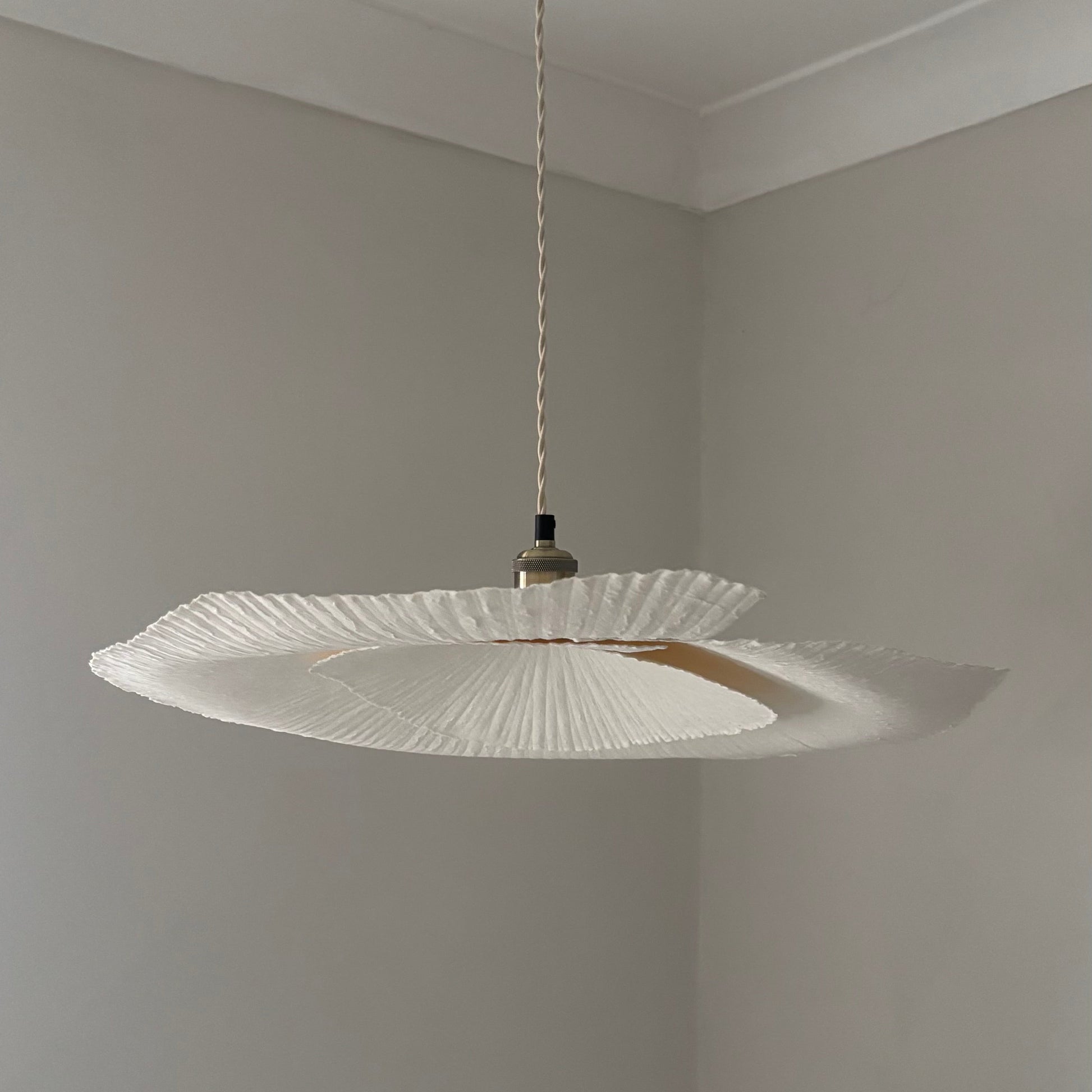 Pendant light fixture hanging from the ceiling in a room with gray walls.