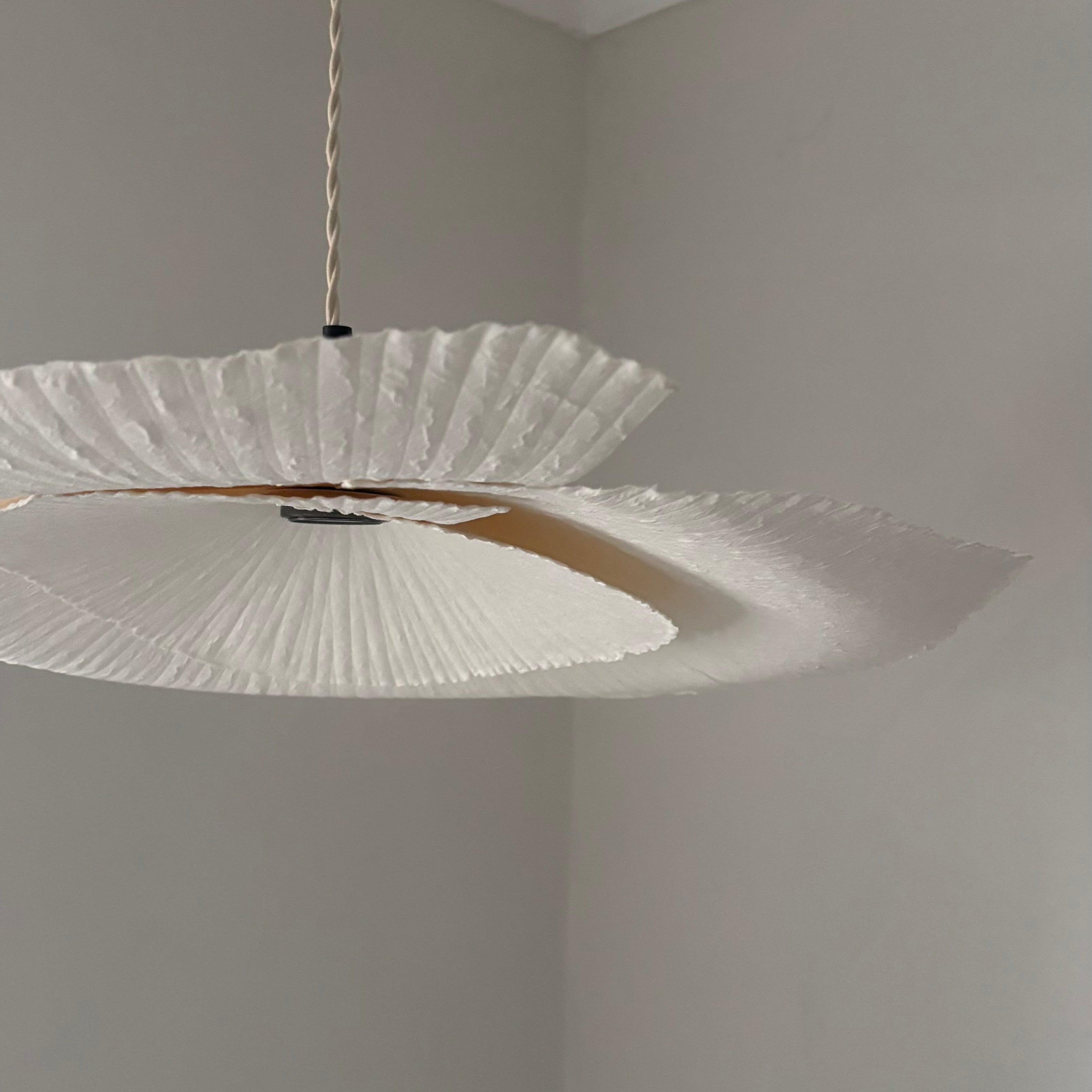 Modern pendant light fixture hanging in a room with plain walls.