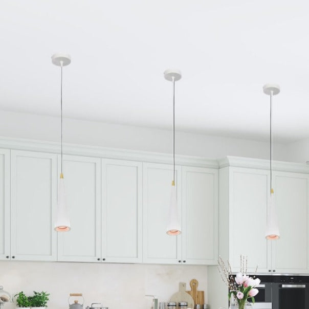 Our Evi pendant light is a stylish addition suitable for every room, its white metal cone shape with contrasting gold and braided matching white cable creates a beautiful feature on any ceiling. The pendant looks great over kitchen islands or hung as a multiple especially in industrial and modern interiors.