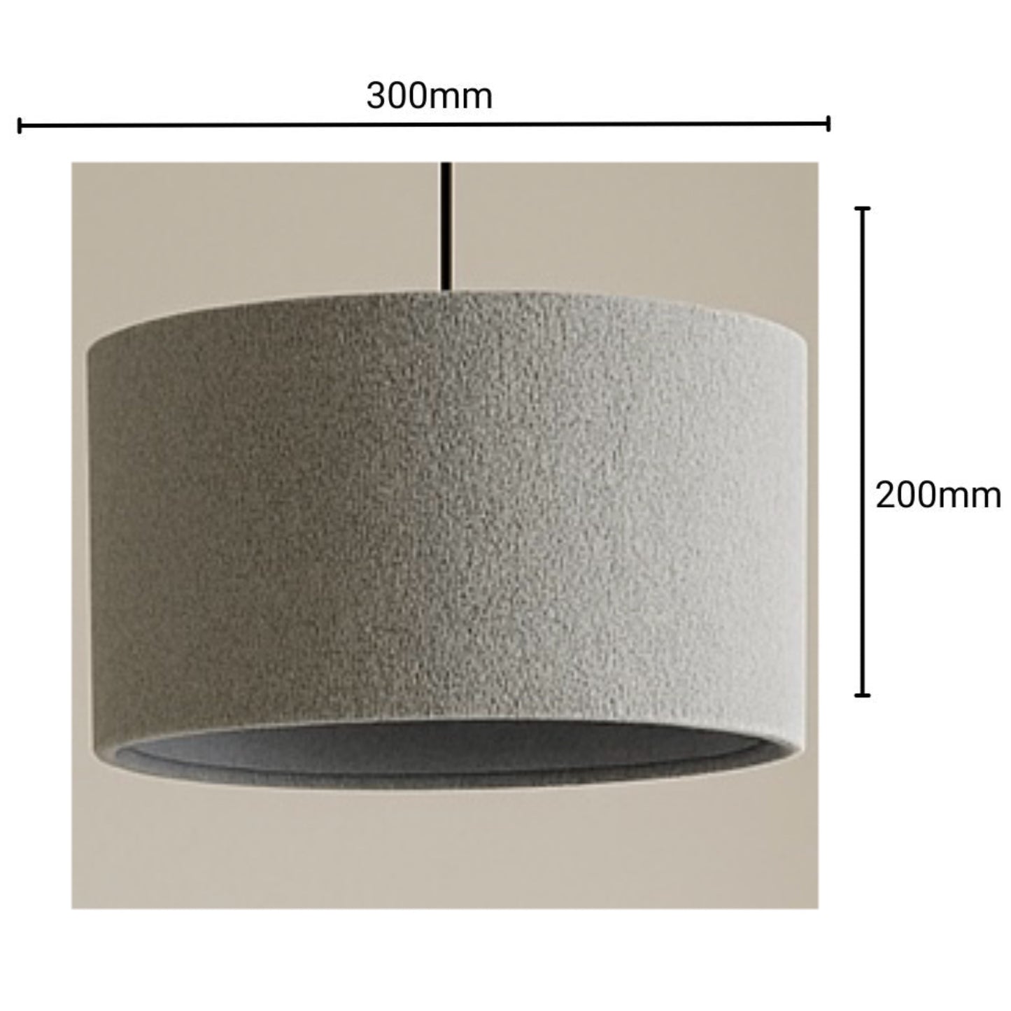 Grey textured lampshade with dimensions on a beige background