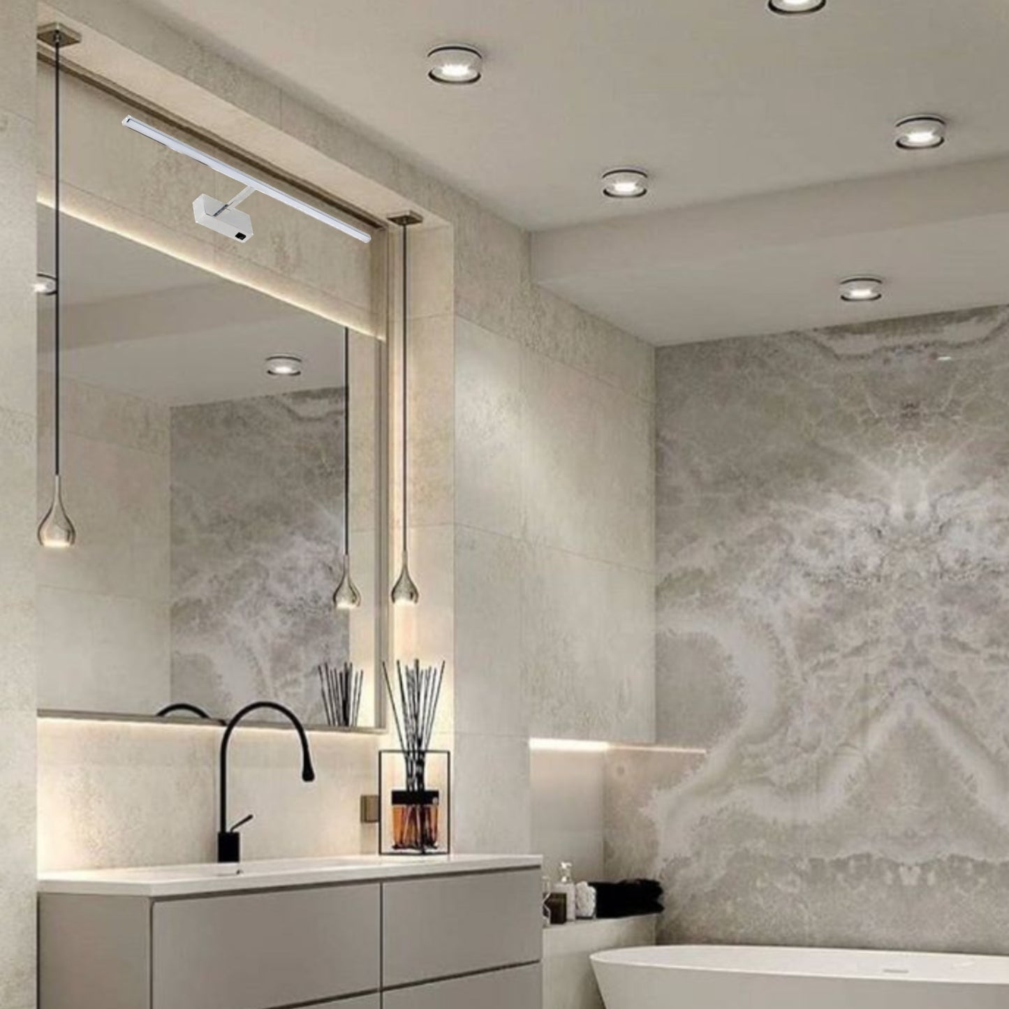 With our Mills LED over mirror wall light you can really give your bathroom or wall space the designer finish it deserves. With its modern chrome body and opal diffuser this light is sure to add style and class to your room. Can also look great as a wall light in hallways, over pictures and in kitchens. Mills is the perfect simple light to fix over a mirror