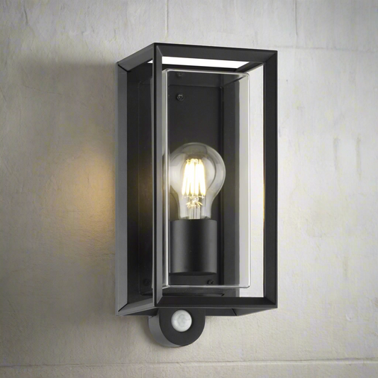 CGC FLORIANA PIR Black Outdoor Wall Light Clear Diffuser E27 Standard Screw IP54