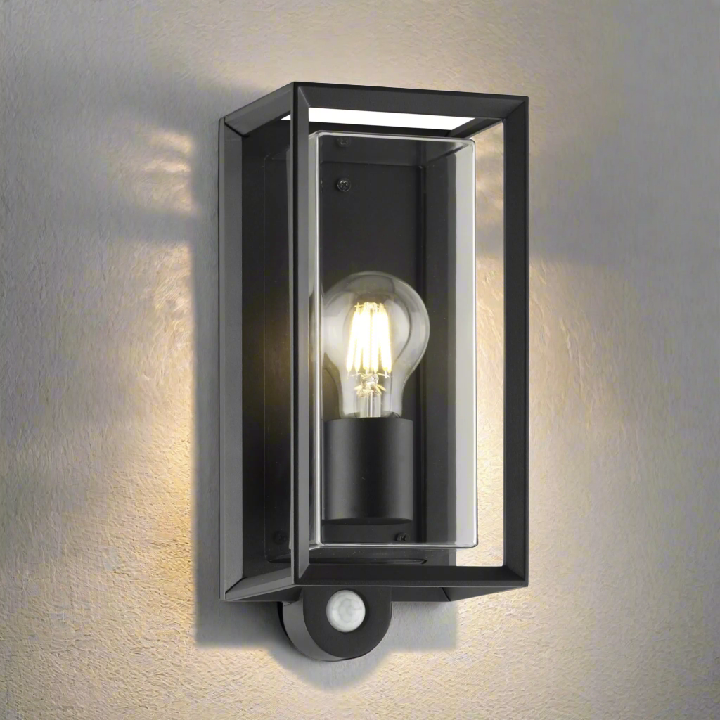 CGC FLORIANA PIR Black Outdoor Wall Light Clear Diffuser E27 Standard Screw IP54