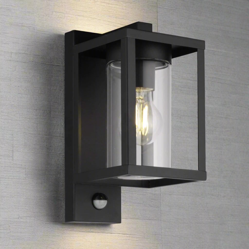 CGC ABEL Matt Black Box Lantern Wall Light with PIR Motion Sensor