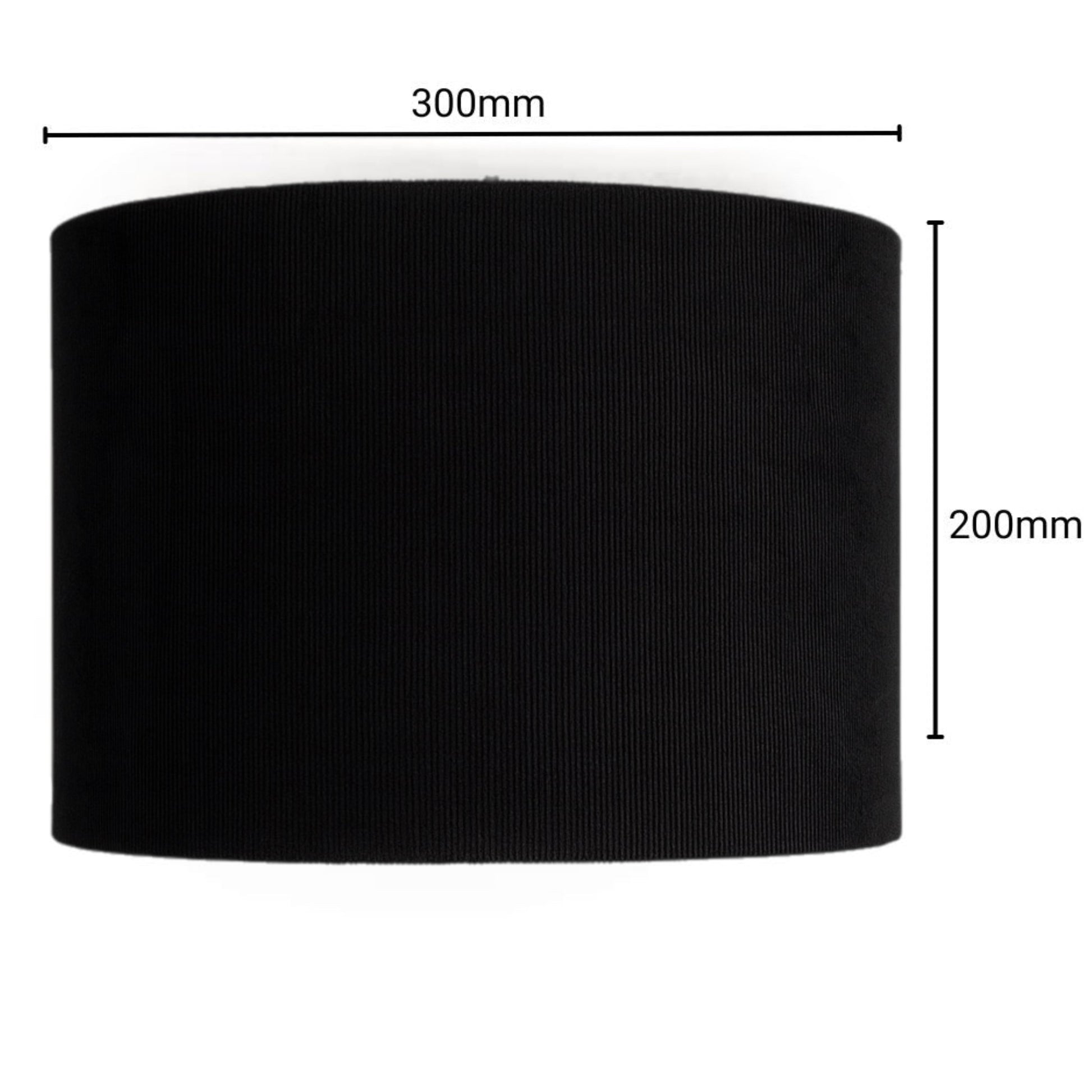 Black cylindrical lampshade with measurements on a white background