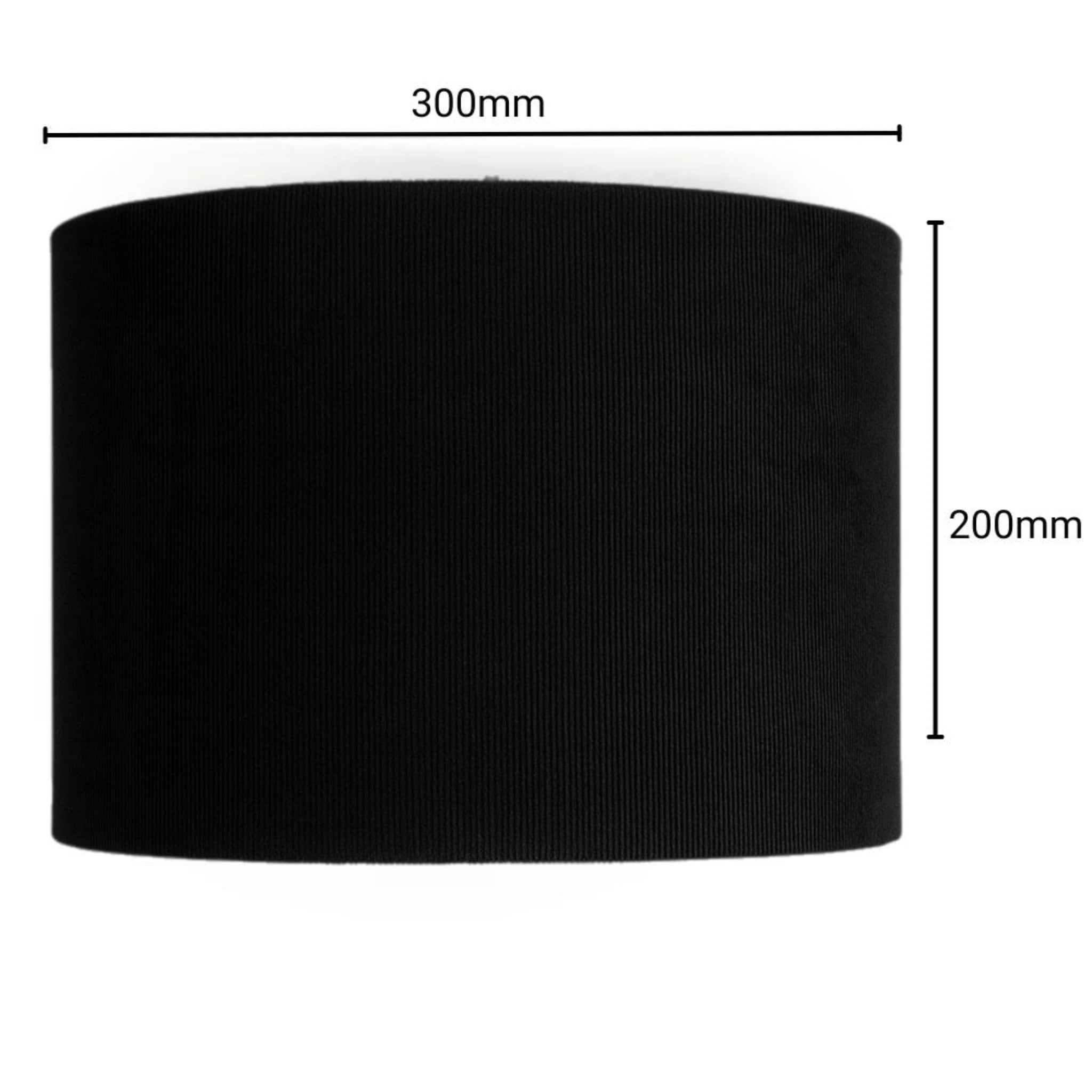 Black cylindrical lampshade with measurements on a white background