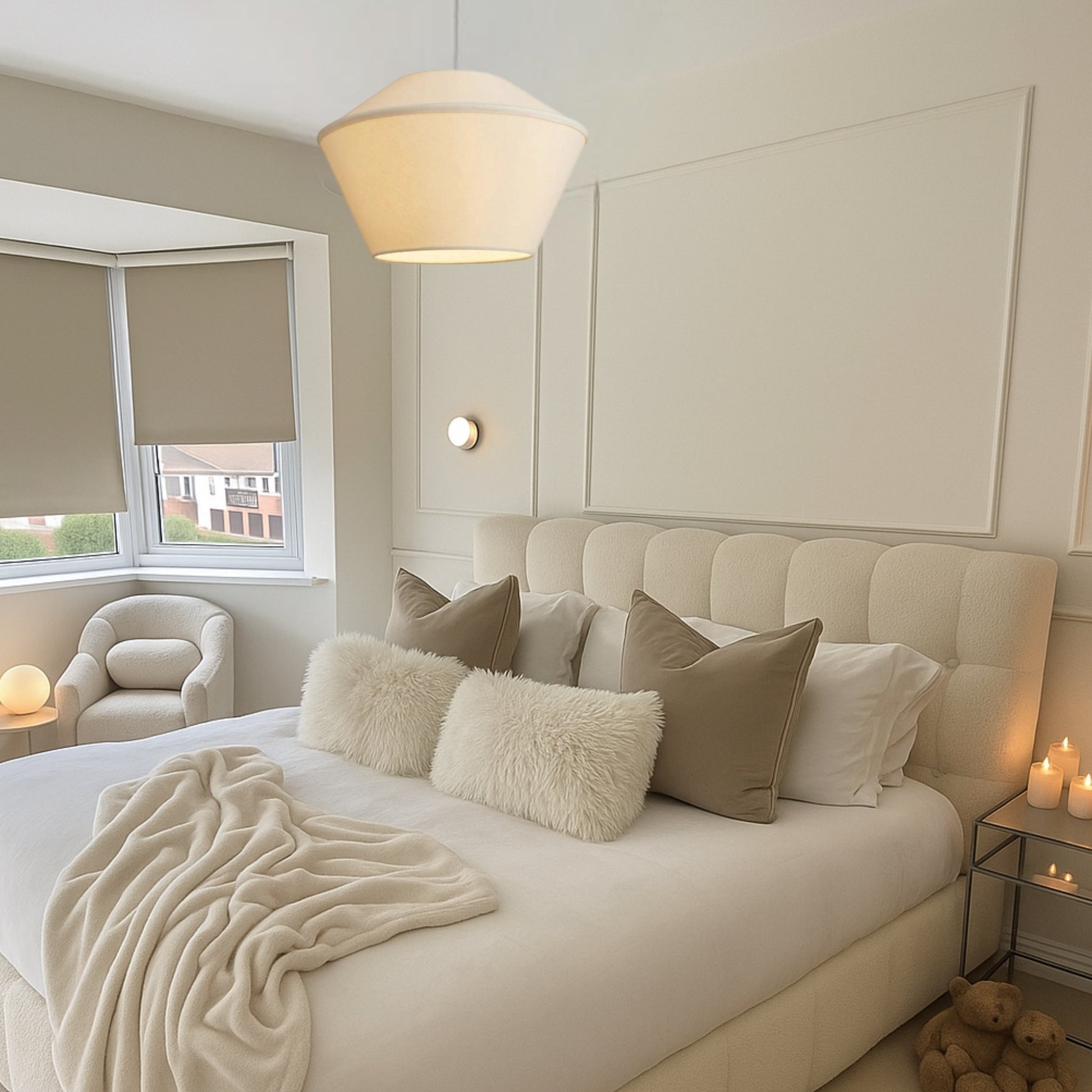 Neatly made bed with decorative pillows in a bedroom setting.