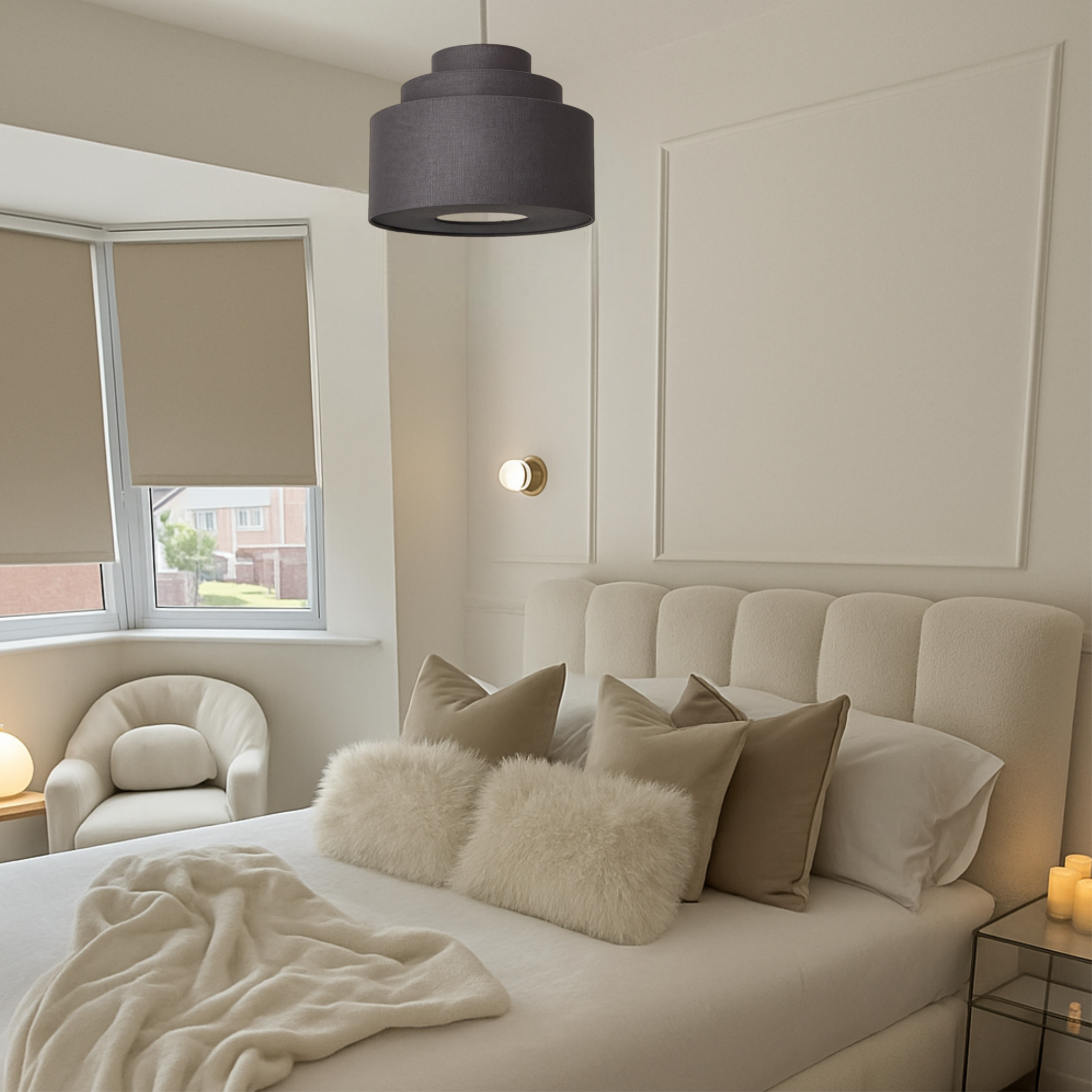 Modern bedroom with a bed, armchair, and window