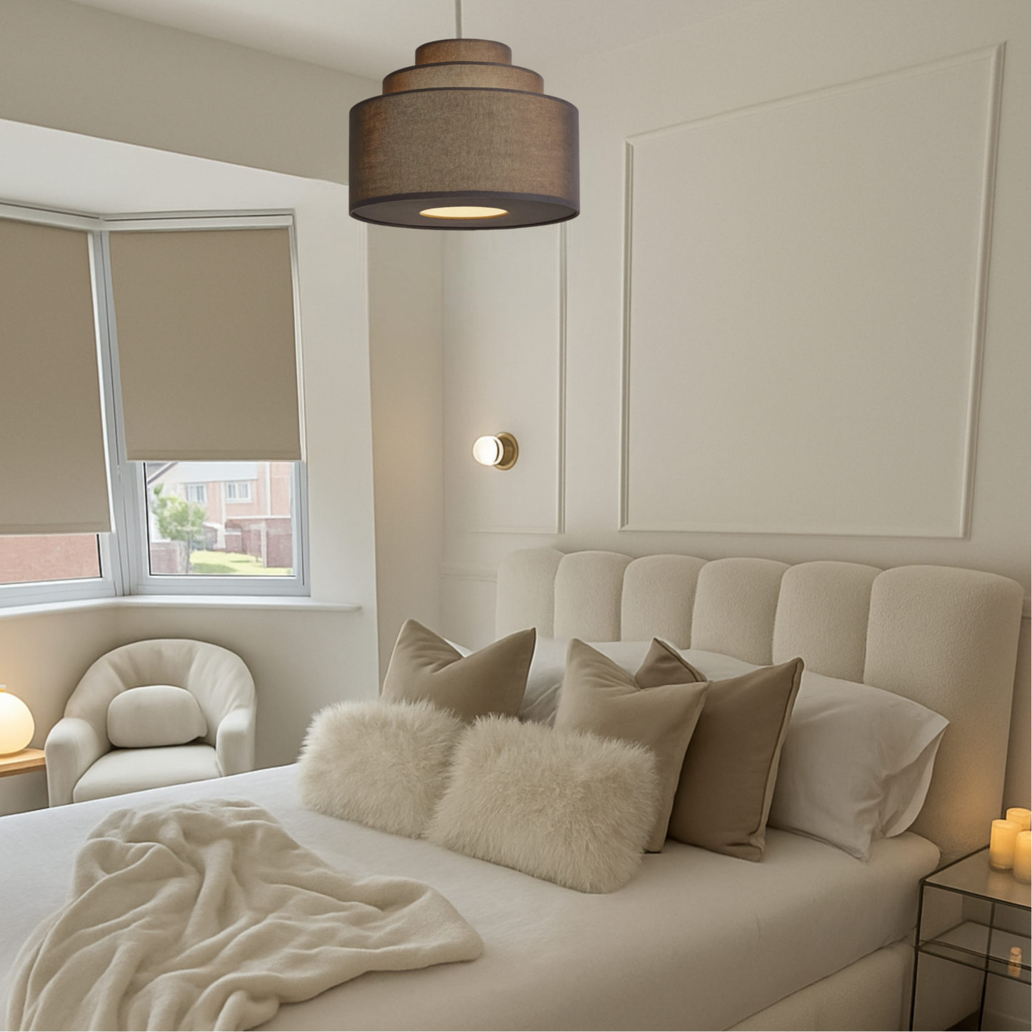 Neatly made bed with decorative pillows in a bedroom setting.