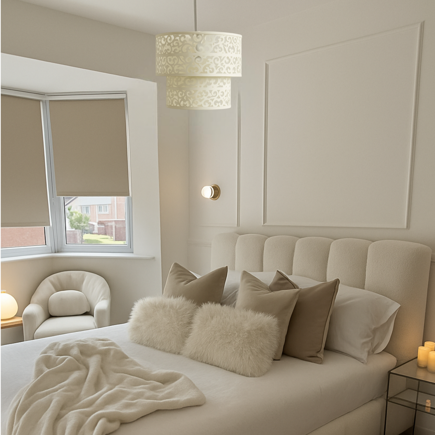 Neatly made bed with decorative pillows in a bedroom setting.