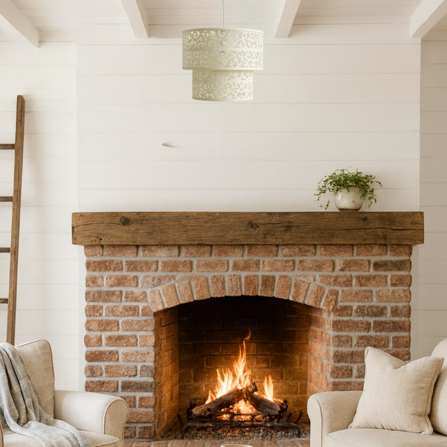 Cozy living room with a brick fireplace, white walls, and wooden mantel.