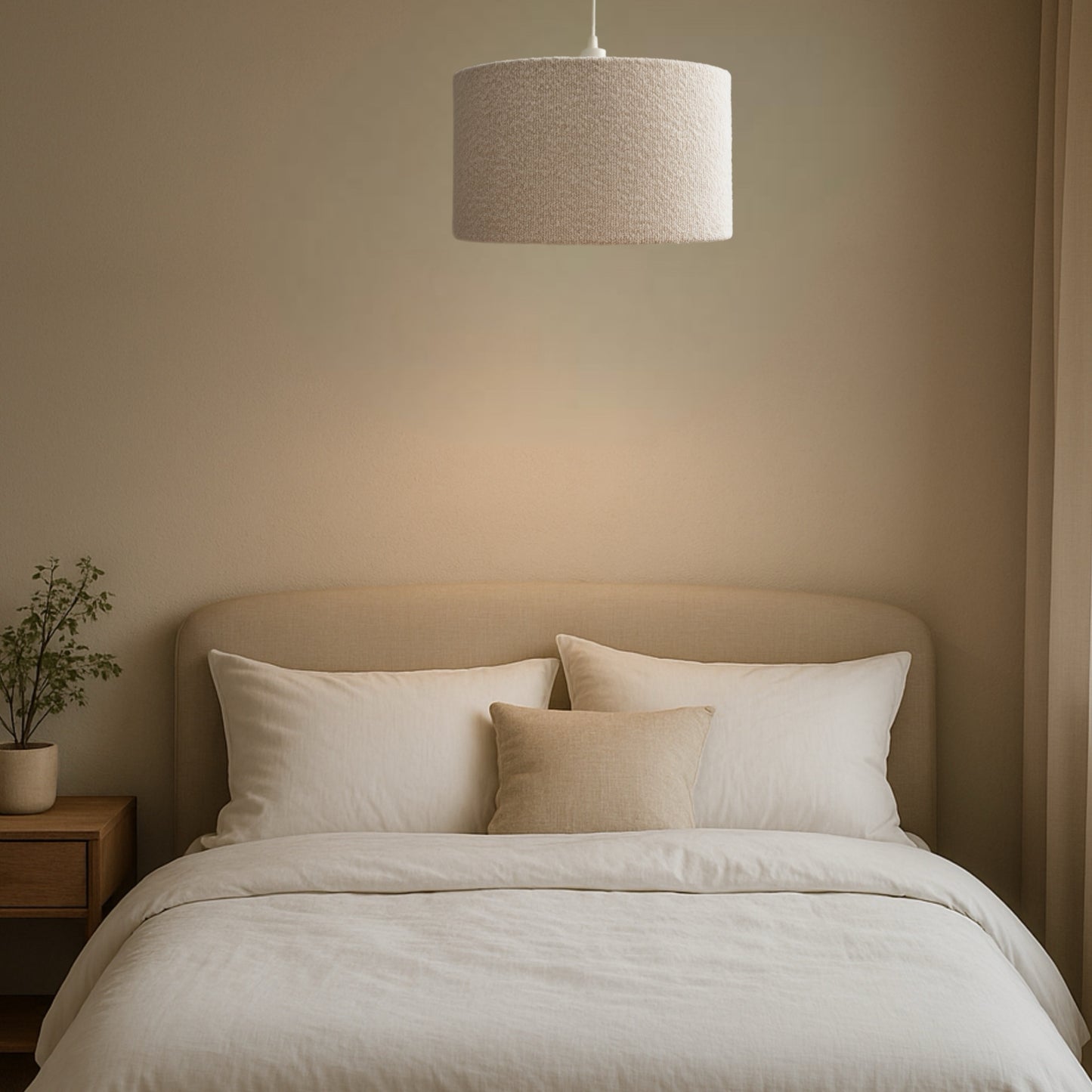 Neatly made bed with beige pillows and bedding in a softly lit bedroom.