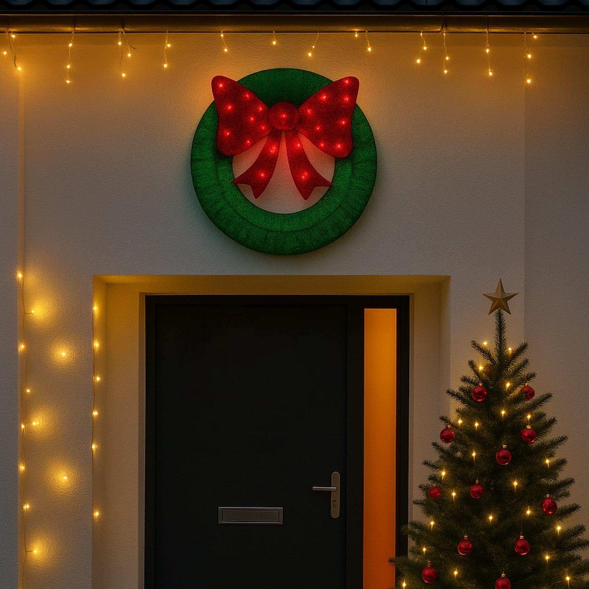 CGC Extra Large 90cm Luxury LED Glitter Green With Red Bow LED Christmas Wreath