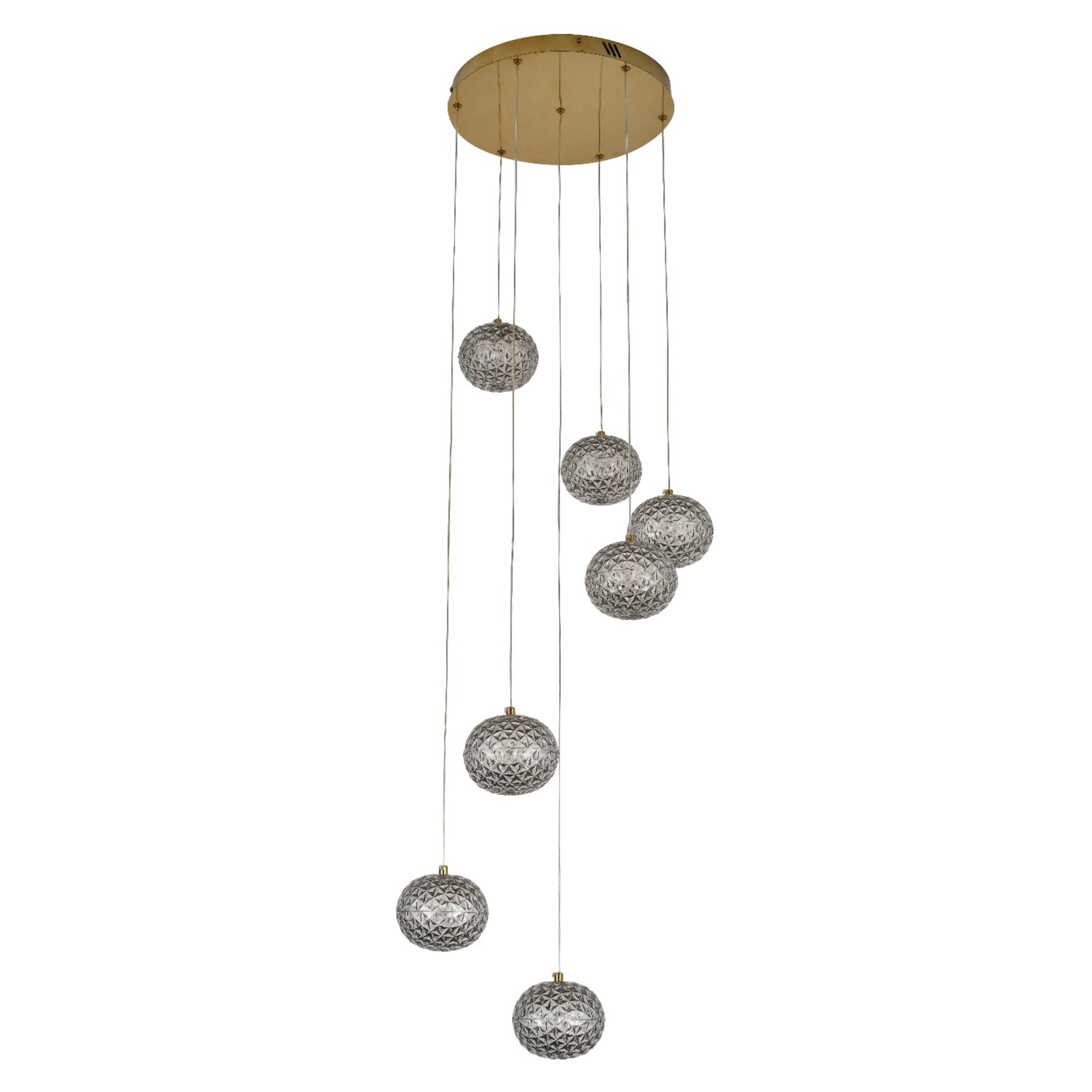 CGC RIVA 7 Ball LED Pendant Light Gold with Height Adjustable Smoked Acrylic Crystal Globes