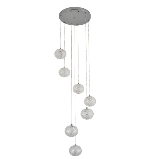 Our striking 7 Ball LED pendant light in chrome with height adjustable clear acrylic globes is the perfect way to make a statement with your interiors. It is inspired by elements of the night sky, comprising of a delicately crafted clear acrylic crystal globes in round spherical shape and perfectly finished in low energy built in LED lights.