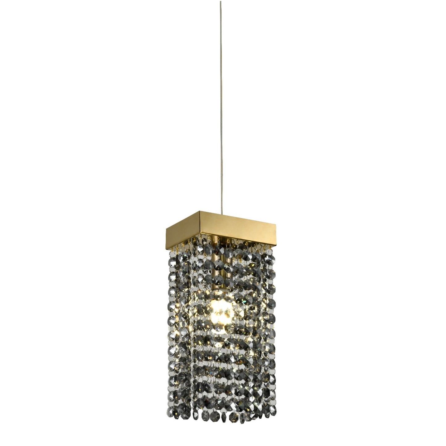 Our striking Astley pendant light in gold with smoked crystals is the perfect way to make a statement with your interiors. With its modern design, comprising of a delicately crafted smoked acrylic crystals in a hanging style from a gold rectangle base this light is the perfect addition to any space in your home.