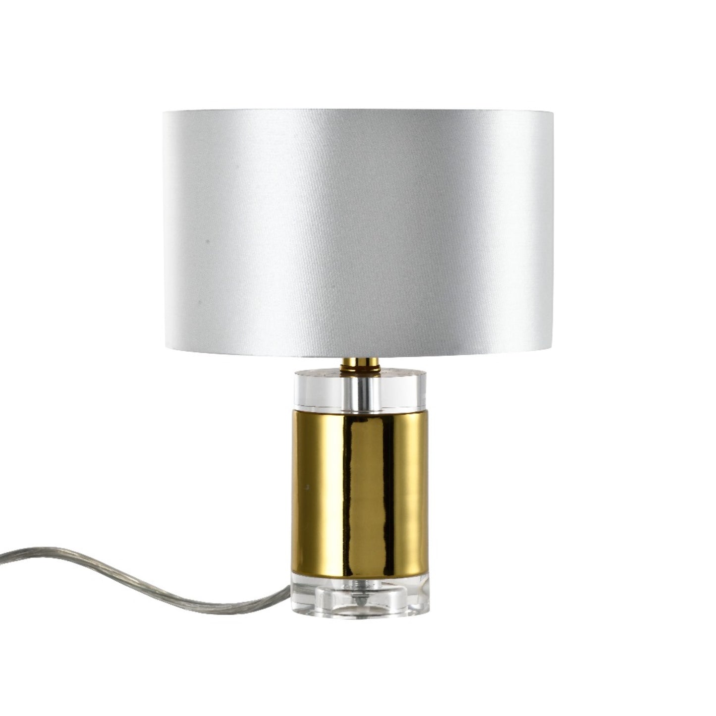 Introducing our Laya table lamp with its elegant crystal and golden finish it will be sure to make a stylish addition to any living space. It features a contemporary crystal and gold base and is complimented by a satin silver and gold inner shade that gives the light an undeniably luxurious style.