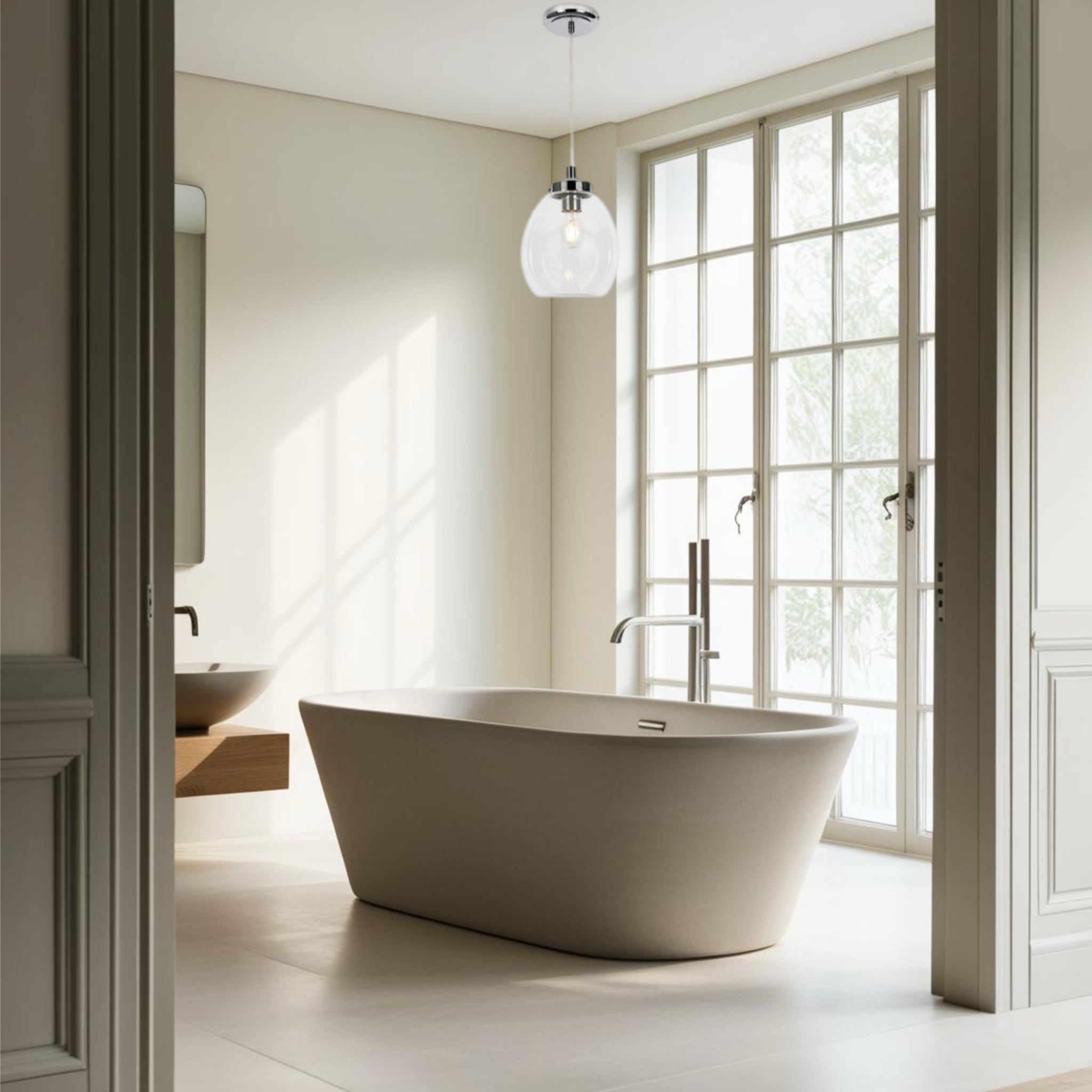 CGC AMELIA Clear Glass Lampshade E27 Pendant Cord with Chrome Base IP44 Suitable For Bathrooms