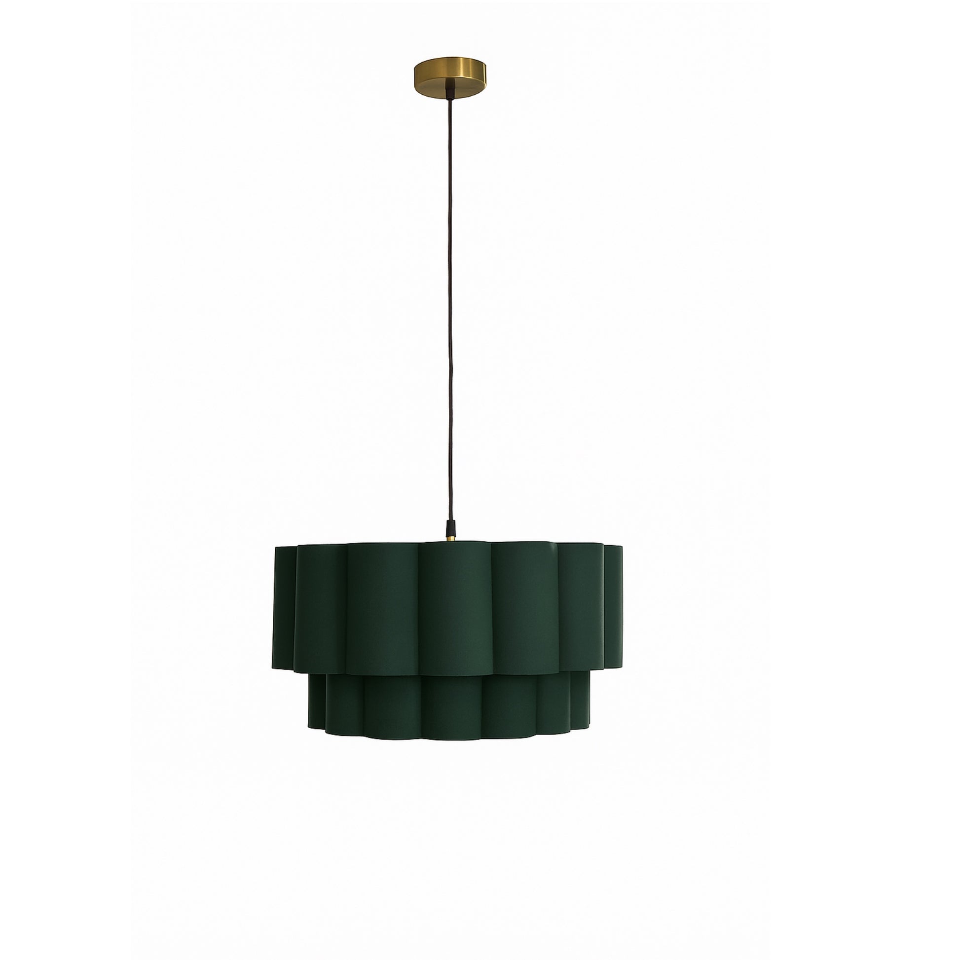 Green pendant lamp with a ribbed design on a white background