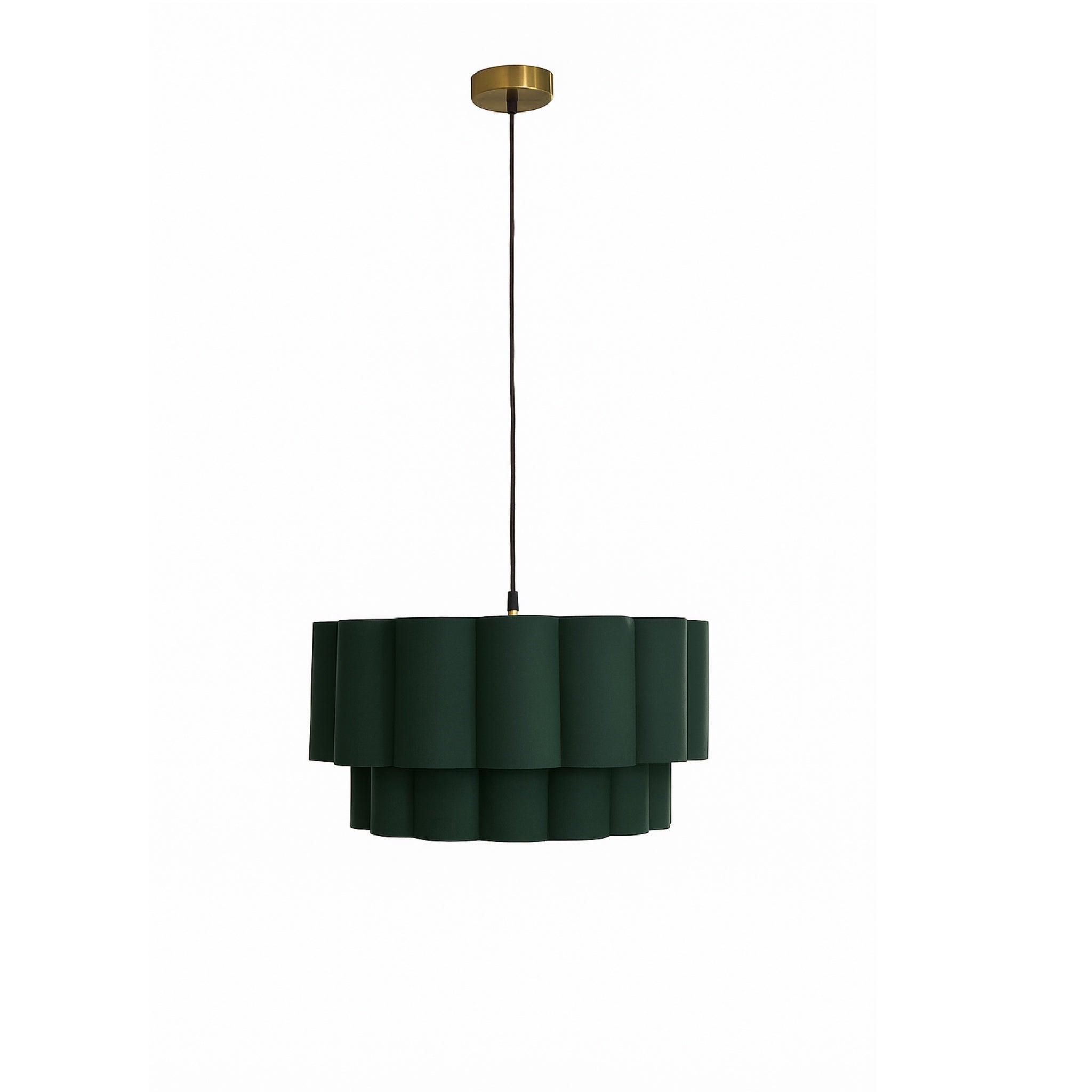 Green pendant lamp with a ribbed design on a white background