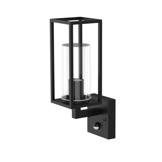 Wall lantern with clear glass and black finish. The elegant appearance of the lamp makes it ideal for modern outdoor spaces. You can install it with a decorative light bulb to give a more traditional look to a contemporary design. It has a PIR motion sensor.