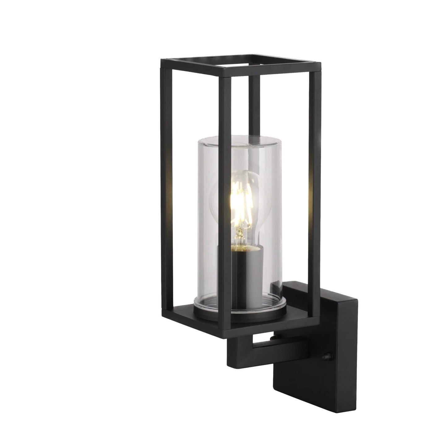 Wall lantern with clear glass and black finish. The elegant appearance of the lamp makes it ideal for modern outdoor spaces. You can install it with a decorative light bulb to give a more traditional look to a contemporary design.