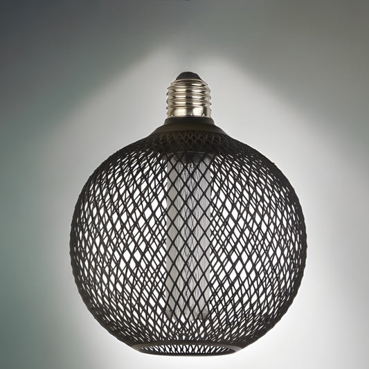 Our decorative black mesh E27 LED globe bulb provides a unique aesthetic, blending seamlessly into many decors. Made from black wire mesh in a cross hatch pattern giving this bulb a real industrial feel. This energy-saving bulb is perfect for exposed lighting designs fits any standard E27 lamp holder.