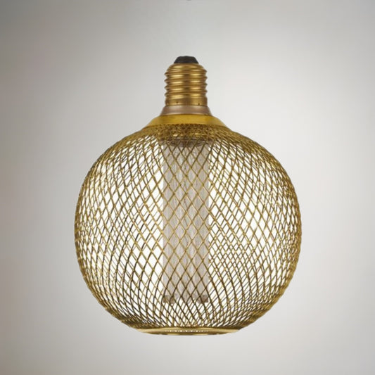 Our decorative gold mesh E27 LED globe bulb provides a unique aesthetic, blending seamlessly into many decors. Made from gold wire mesh in round cross hatch pattern giving this bulb a real industrial feel. This energy-saving bulb is perfect for exposed lighting designs fits any standard E27 lamp holder.