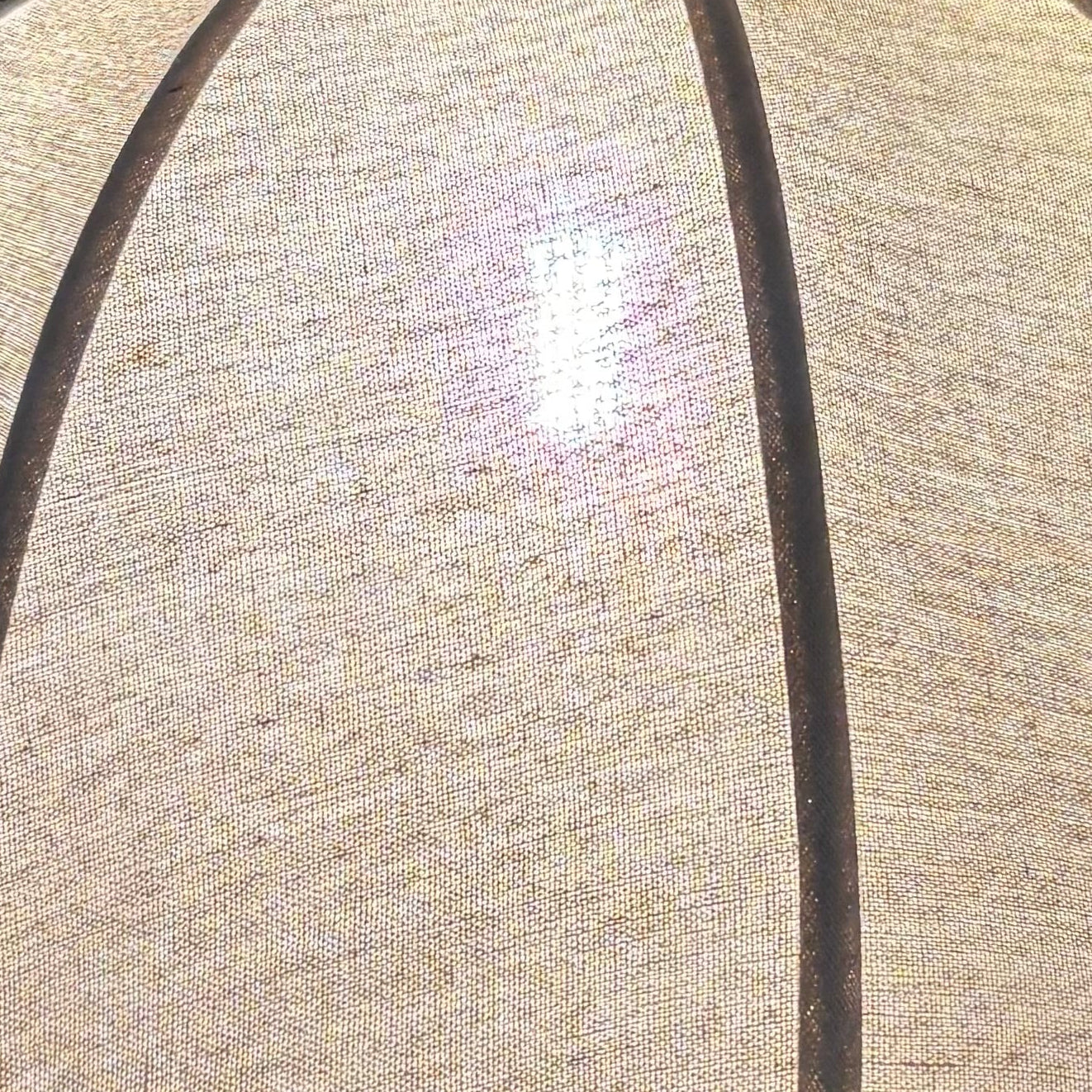 A large dome-shaped pendant light with a textured beige woven shade and dark vertical trim, hanging in a room with dark wood slat walls and a green plant below.