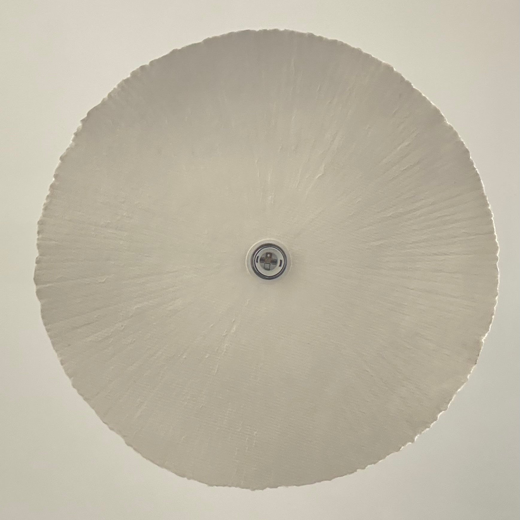 Round ceiling light fixture on a beige wall