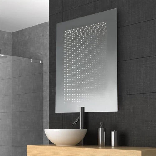 The Infinity mirror is IP44, meaning that it is fully splash proof and suitable for use in a bathroom setting.  The stylish rectangular mirror has LED lights when switched on creates an infinity effect.  The mirror is a slim profile just 4 cm and is built into a black metal frame with a discrete on/off rocker switch on the side of the frame. This looks like a stylish mirror when its switched off and when switched on makes an illusion of depth.