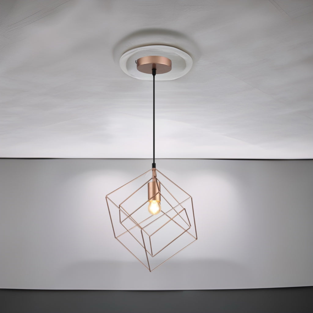 Our ROSA pendant light is a stylish addition suitable for every room, its metal rose gold square cage shape with matching gold smaller square inner creates an amazing feature on any ceiling. The lamp looks great with a filament light bulb, especially in industrial and modern interiors.