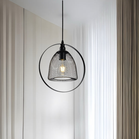 Modern contemporary mesh metal black design pendant light. This light fitting will be sure to add style and industrial feels to your room. Its unique design will be sure to make this a real focal point. Comes complete with a 1.2 metre adjustable black cable and matching black 10cm  ceiling rose
