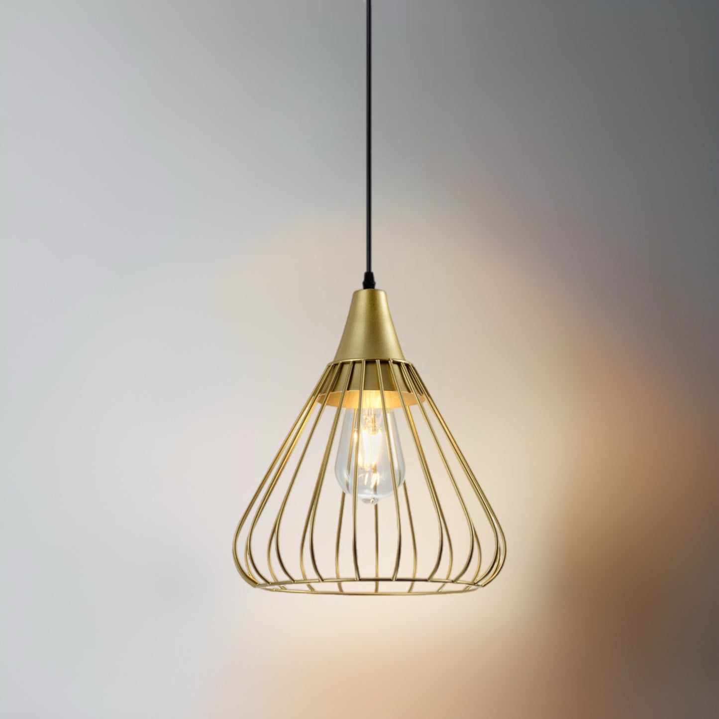 This classic light fitting a&nbsp;with large gold metal shade will perfectly fit into most home arrangements. The bulb hidden in a metal lampshade gives a very interesting visual effect when the light is turned on and the wires can be adjusted to your desired height.