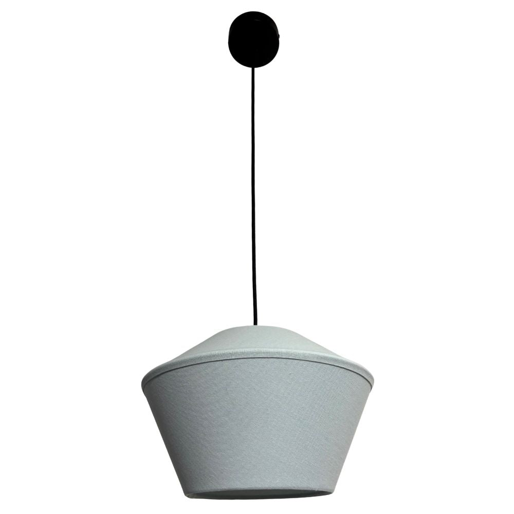 Blue pendant light with black cord on a white background