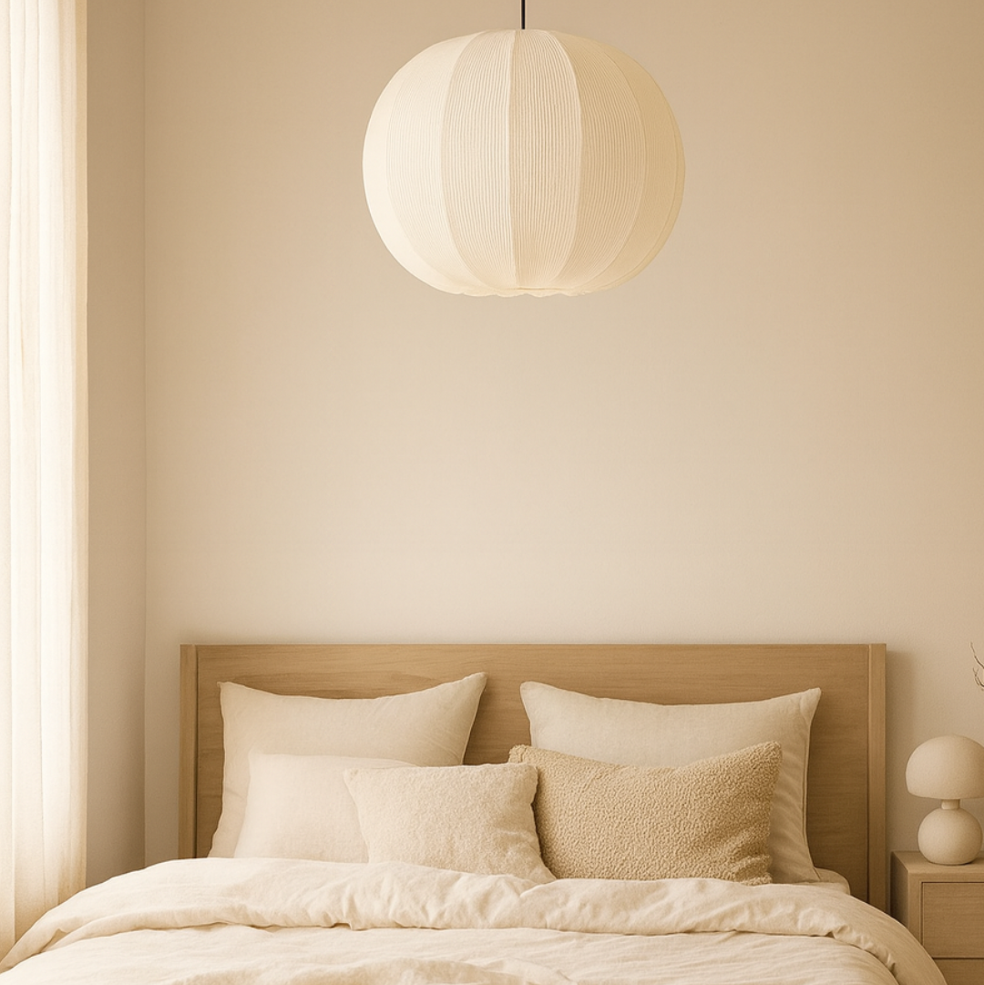 Neatly made bed with beige bedding and pillows in a softly lit bedroom.