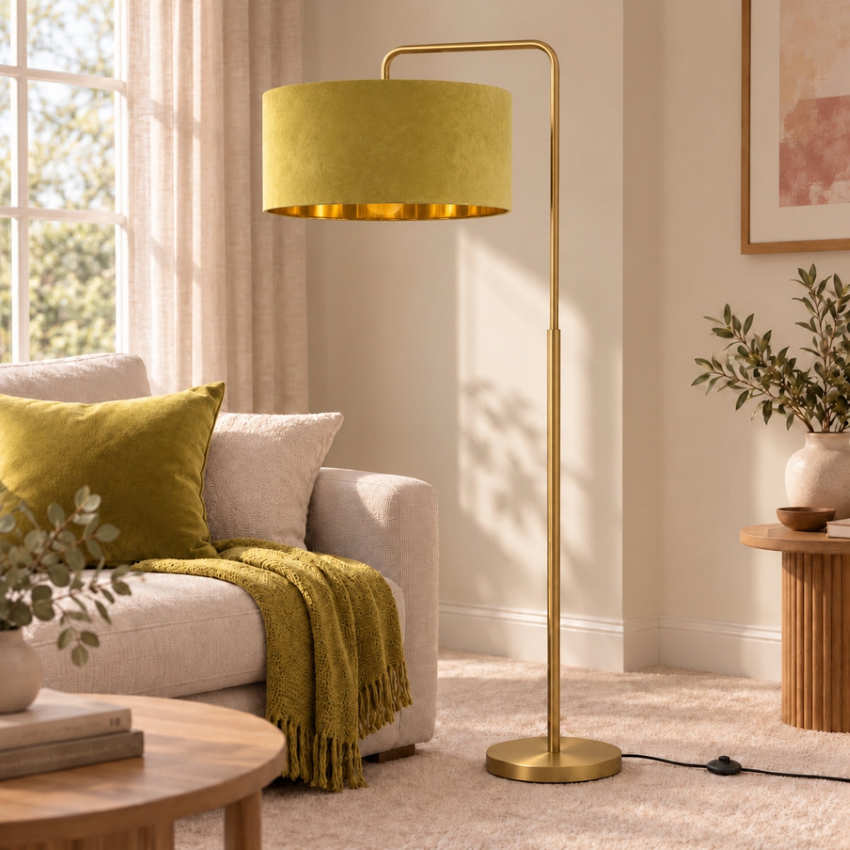 CGC Kyra Brushed Gold Angled Floor Lamp with Large 45cm Velvet Lampshade