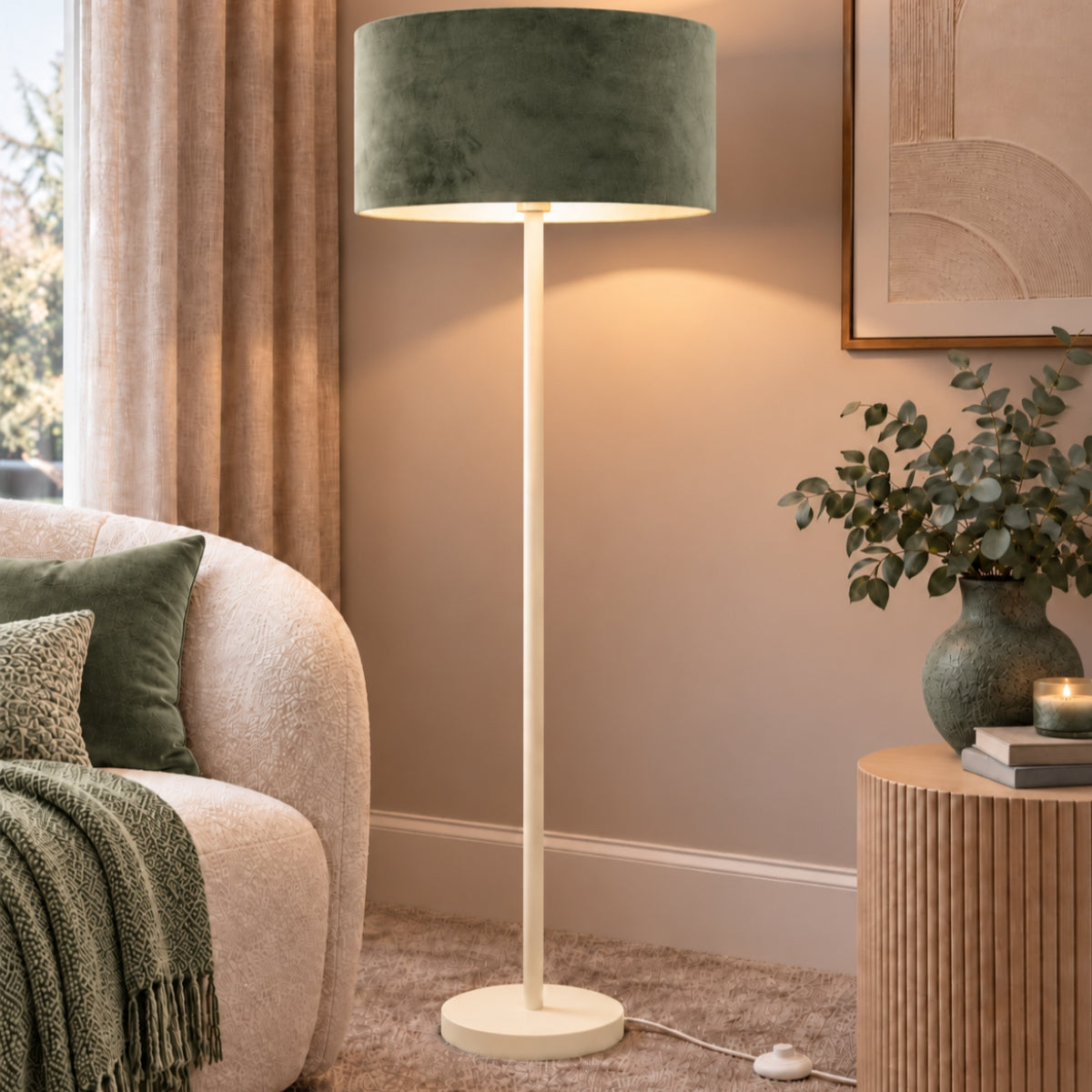 CGC Lena Cream Straight Floor Lamp with 45cm Large Velvet Lampshade