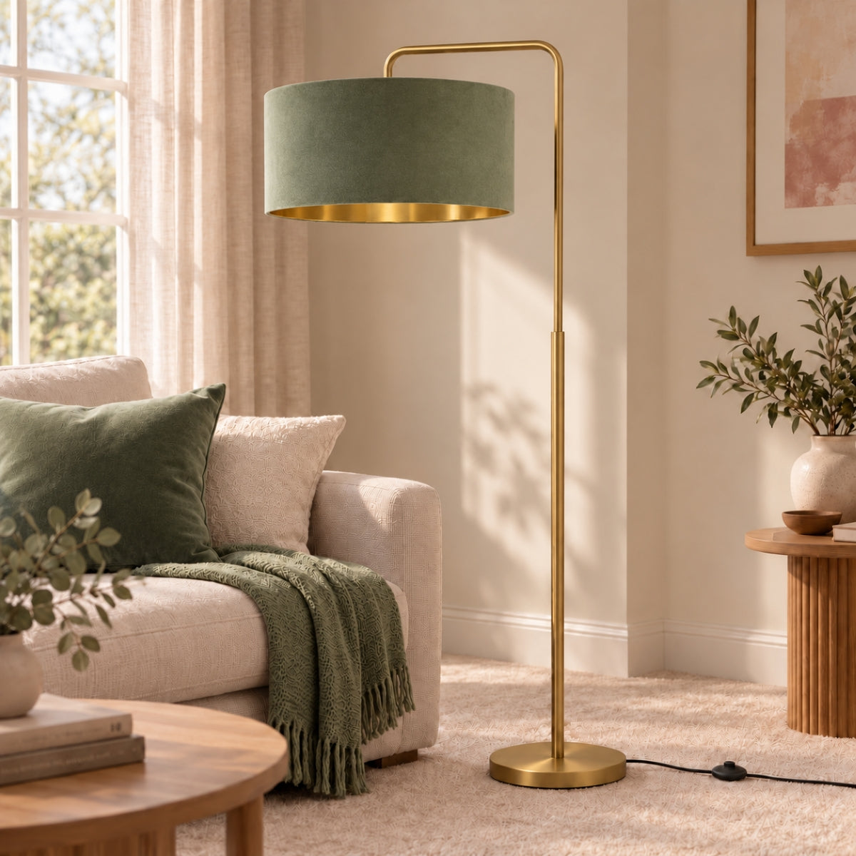 CGC Kyra Brushed Gold Angled Floor Lamp with Large 45cm Velvet Lampshade