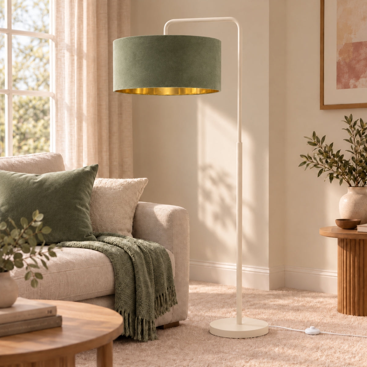 CGC Kyra Cream Angled Floor Lamp with Large 45cm Velvet Lampshade