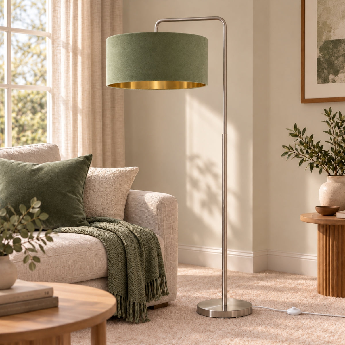CGC Kyra Brushed Nickel Angled Floor Lamp with Large 45cm Velvet Lampshade