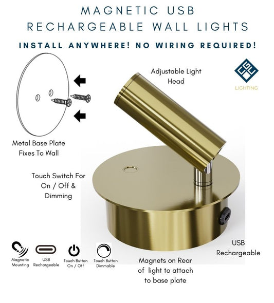 CGC SCARLET Satin Gold Adjustable Head LED Rechargeable Magnetic USB Reading Bedside Wall Light