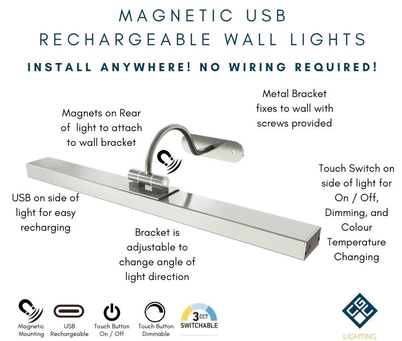CGC VIRGO Curved Satin Nickel LED Rechargeable Magnetic USB Over Picture Wall Light