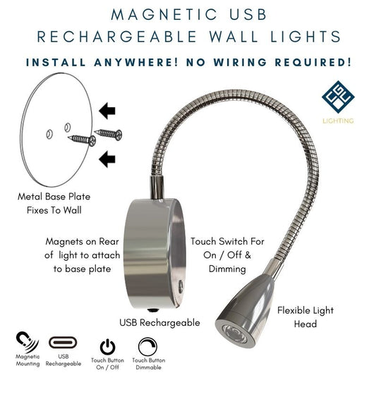 CGC MATILDA Satin Nickel Adjustable Flexible Neck LED Rechargeable Magnetic USB Reading Bedside Wall Light